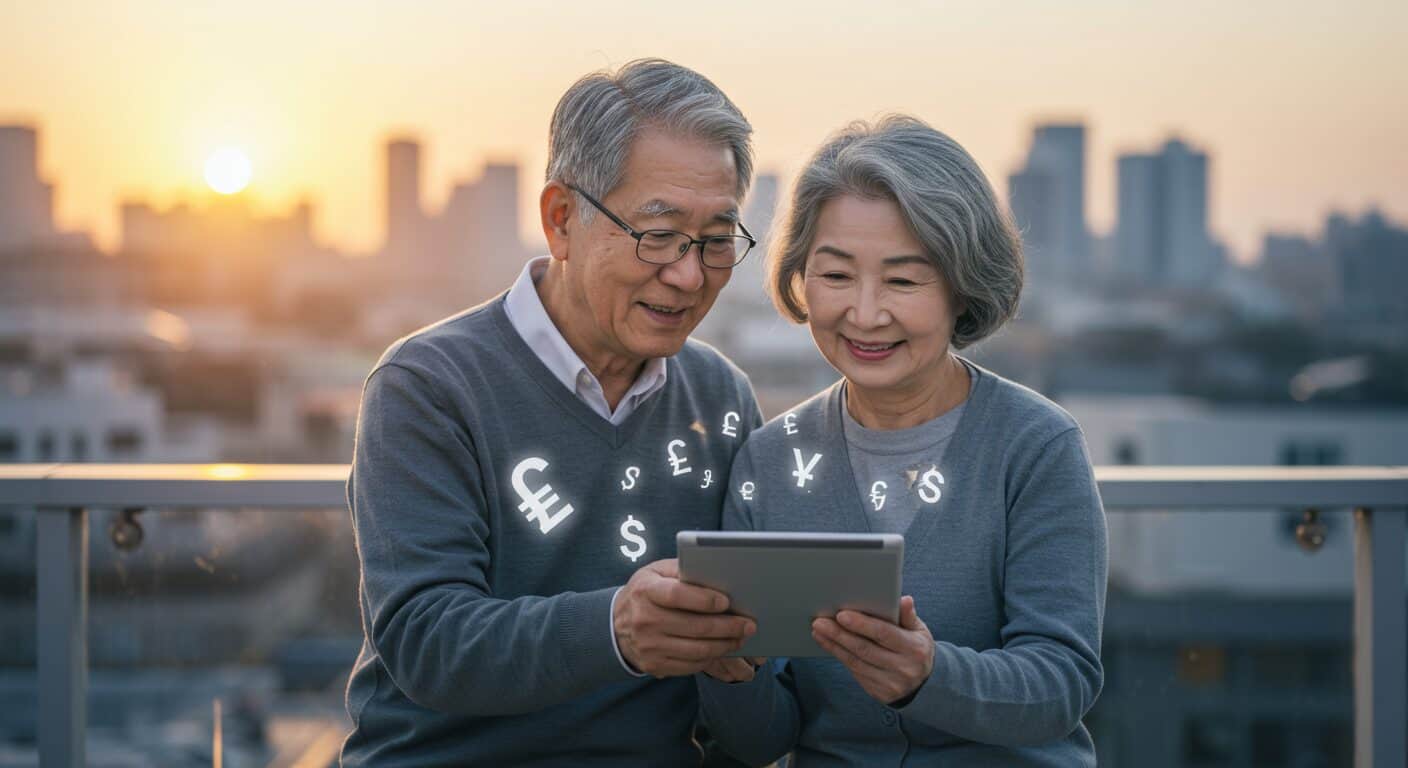기초연금 자격조건 정보를 태블릿으로 함께 확인 중인 노부부