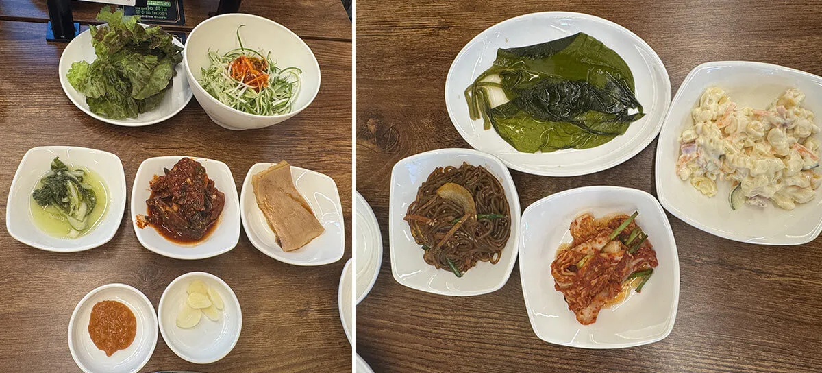 황소식당 옥정점에서 제공되는 기본 밑반찬과 곁들임 구성