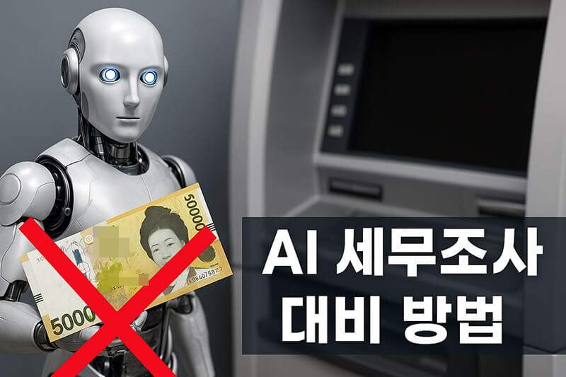 AI 세무조사 대비 방법 - 로봇과 현금인출기, 5만원권 지폐 X표시 이미지