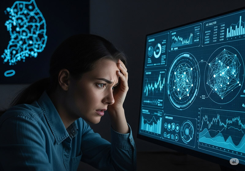 AI 세무조사 데이터 분석 화면을 보며 고민하는 여성