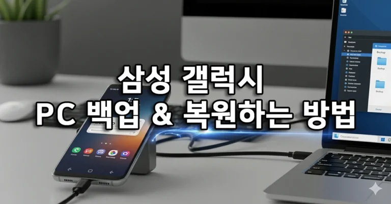 삼성 갤럭시 스마트폰을 PC와 연결해 백업 및 복원을 설명하는 썸네일 이미지