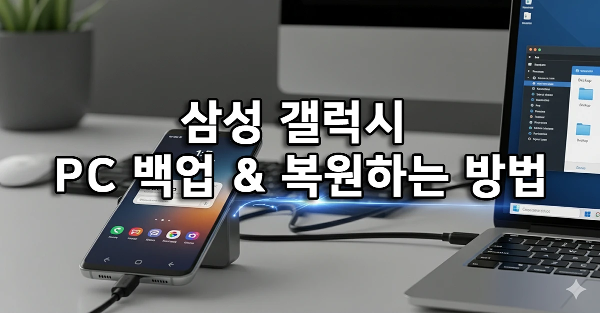 삼성 갤럭시 스마트폰을 PC와 연결해 백업 및 복원을 설명하는 썸네일 이미지