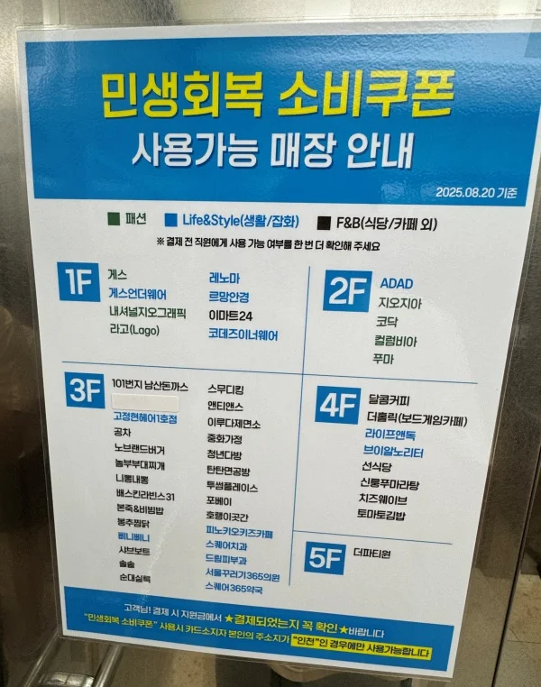 스퀘어원 민생회복 소비쿠폰 사용 가능 매장 안내표 (2025년 8월 20일 기준)