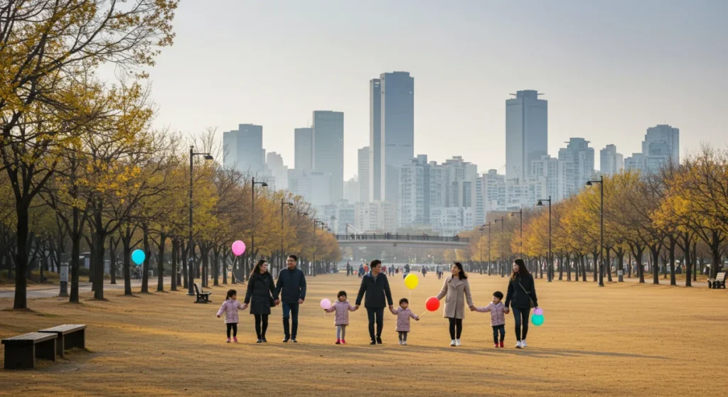 도시 공원에서 아이들과 함께 산책하는 가족들