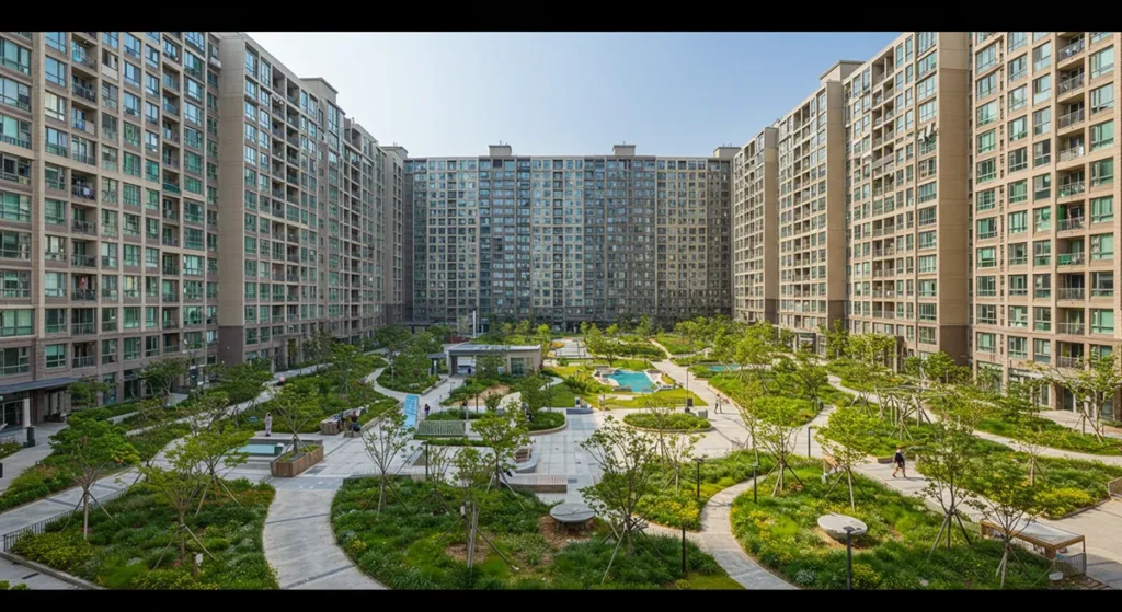 아파트 단지 전경과 평수 계산기를 활용한 면적 변환