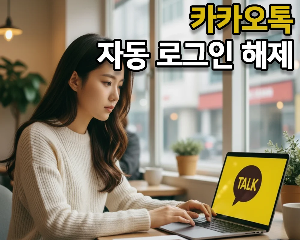 노트북에서 카카오톡을 실행하며 자동 로그인 해제를 안내하는 썸네일 이미지