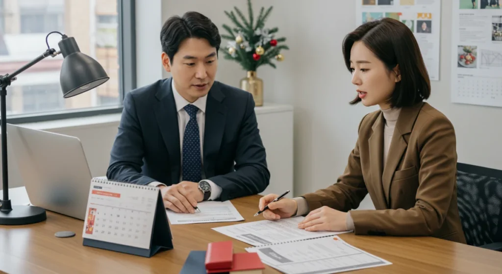 회의실에서 법 관련 문서를 검토하는 남녀 직장인, 청탁금지법 설명 장면