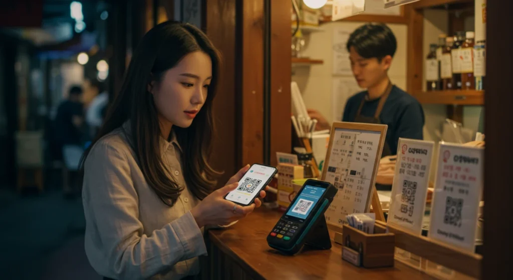 모바일 온누리상품권으로 시장 음식점에서 결제하는 여성
