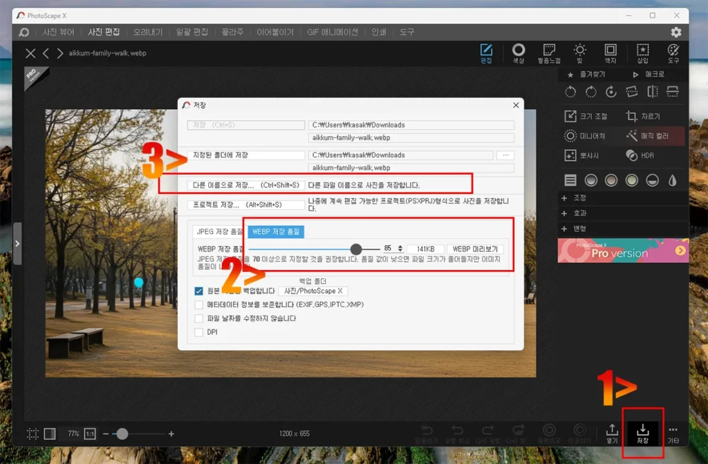 포토스케이프X 저장 옵션에서 JPG와 WEBP 형식 선택 화면