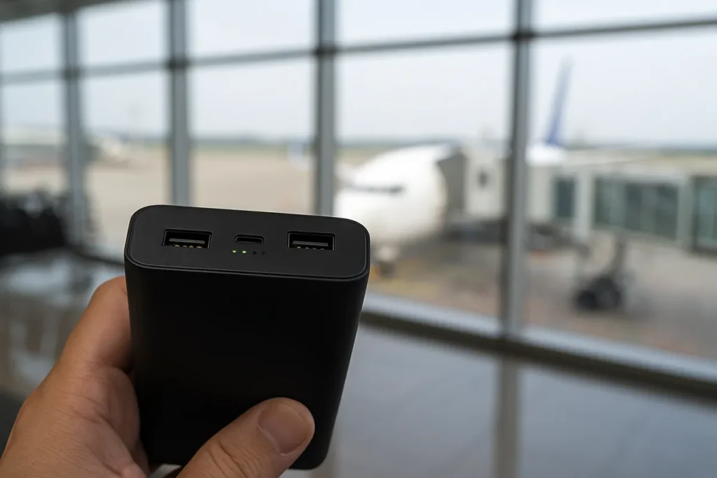 공항 대기실에서 비행기를 배경으로 보조배터리를 들고 있는 모습