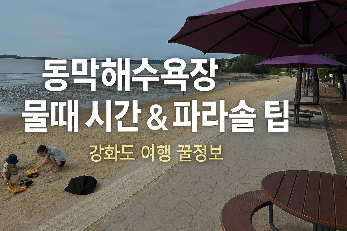 동막해수욕장 해변과 파라솔 풍경에 ‘동막해수욕장 물때 시간 & 파라솔 팁’ 문구가 들어간 썸네일 이미지