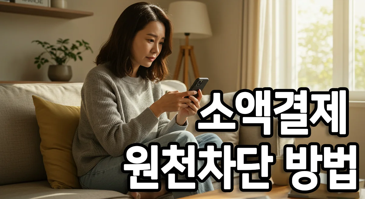 휴대폰을 들고 있는 여성이 소액결제 원천차단 방법을 확인하는 모습