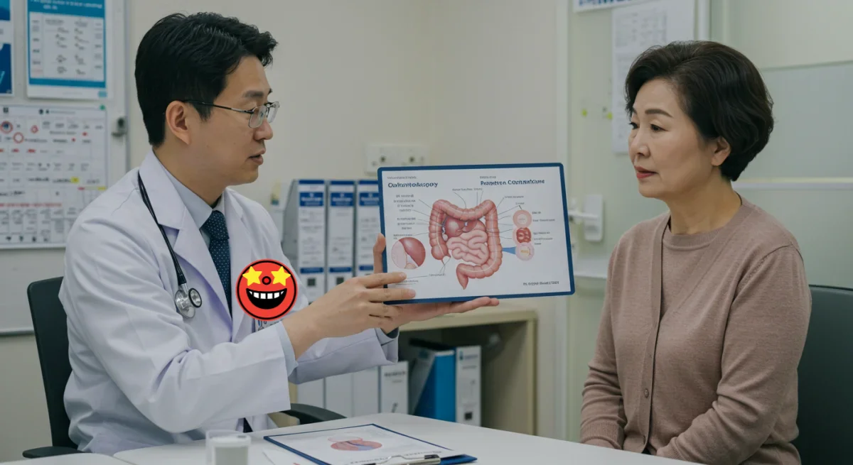 대장내시경 전 식단 조절 상담 중인 환자와 의사 이미지