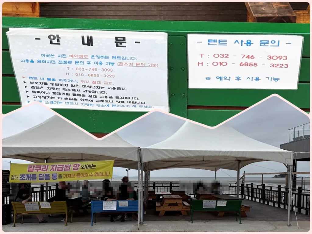 마시안 갯벌체험장 운영 안내문과 천막 아래 체험 접수 부스 모습