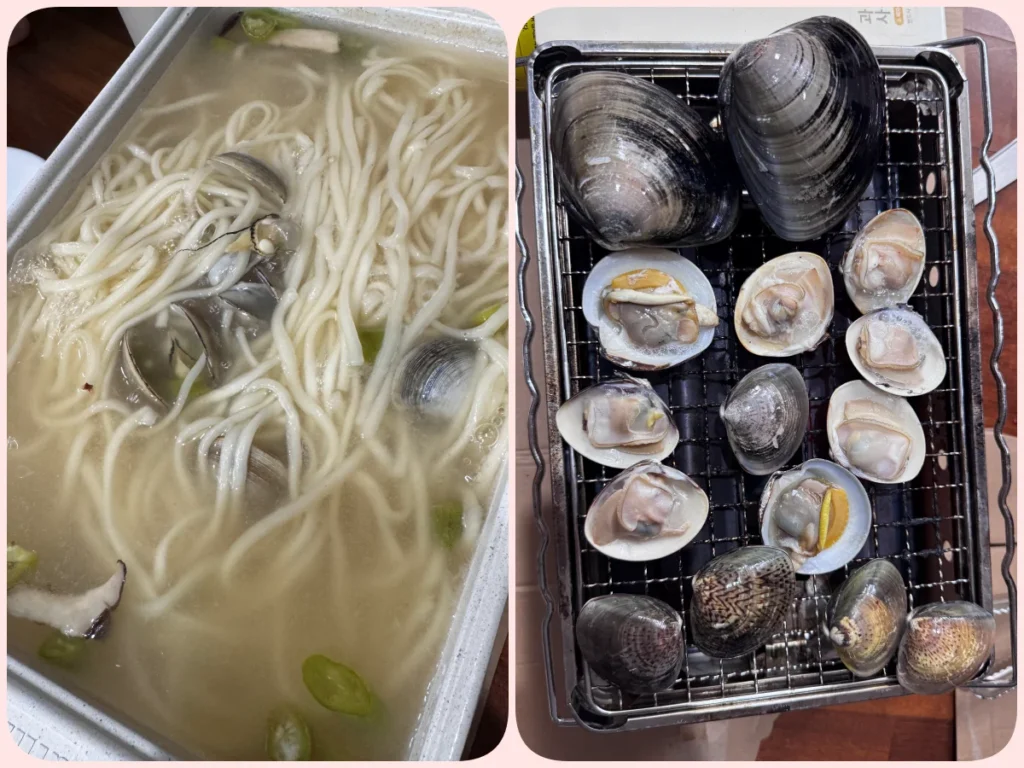 마시안 갯벌체험에서 잡은 백합 조개로 만든 칼국수와 조개구이
