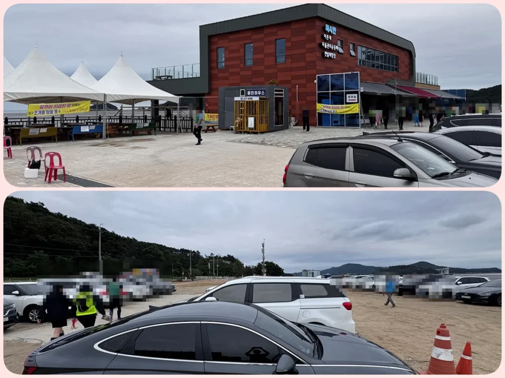 마시안 갯벌체험장 주차장과 체험장 건물 외관 전경