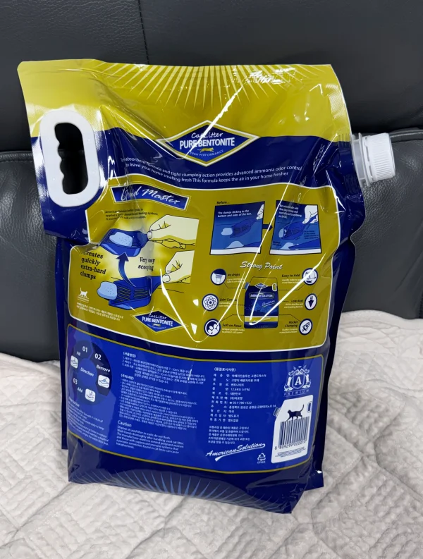 벤토나이트 고양이 모래 제품 패키지 뒷면 사용 방법과 응고 구조 안내