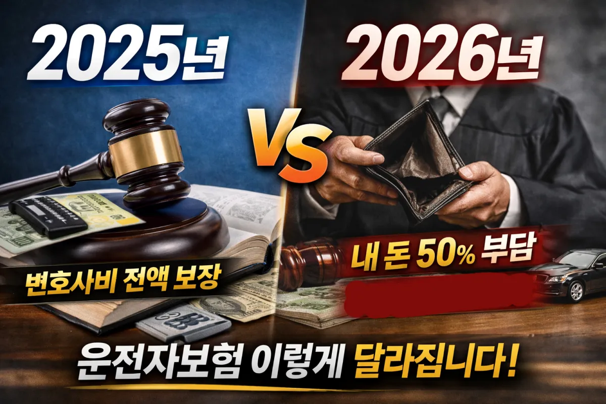 운전자보험 2026 개정 - 2025년과 2026년 운전자보험 변호사선임비용 보장 차이를 비교한 이미지