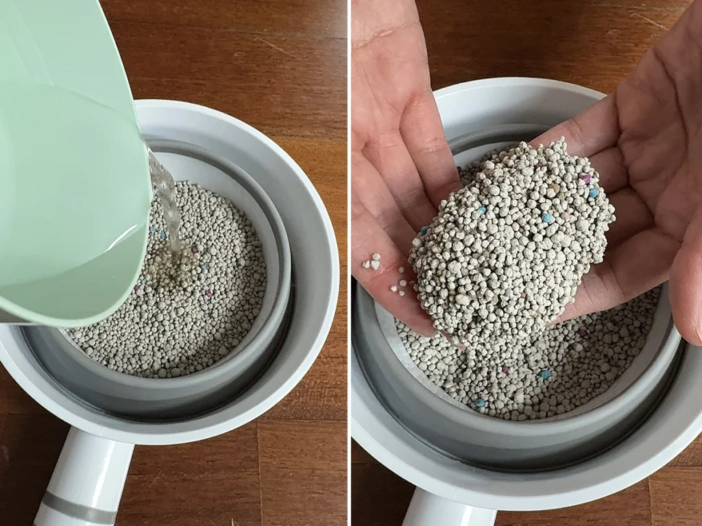 가성비 고양이 모래 씨앤엘 벤토나이트 모래 응고력과 입자 질감 실제 사용 모습
