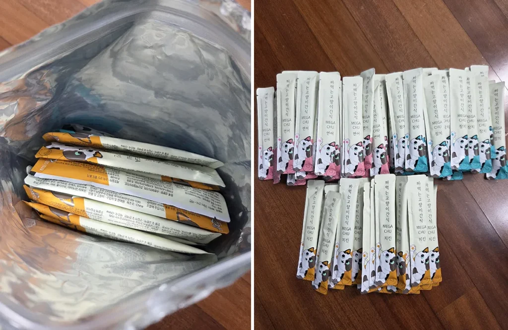 고양이 단백질 간식 메가츄 90개입 대용량 구성과 맛별 정리 모습
