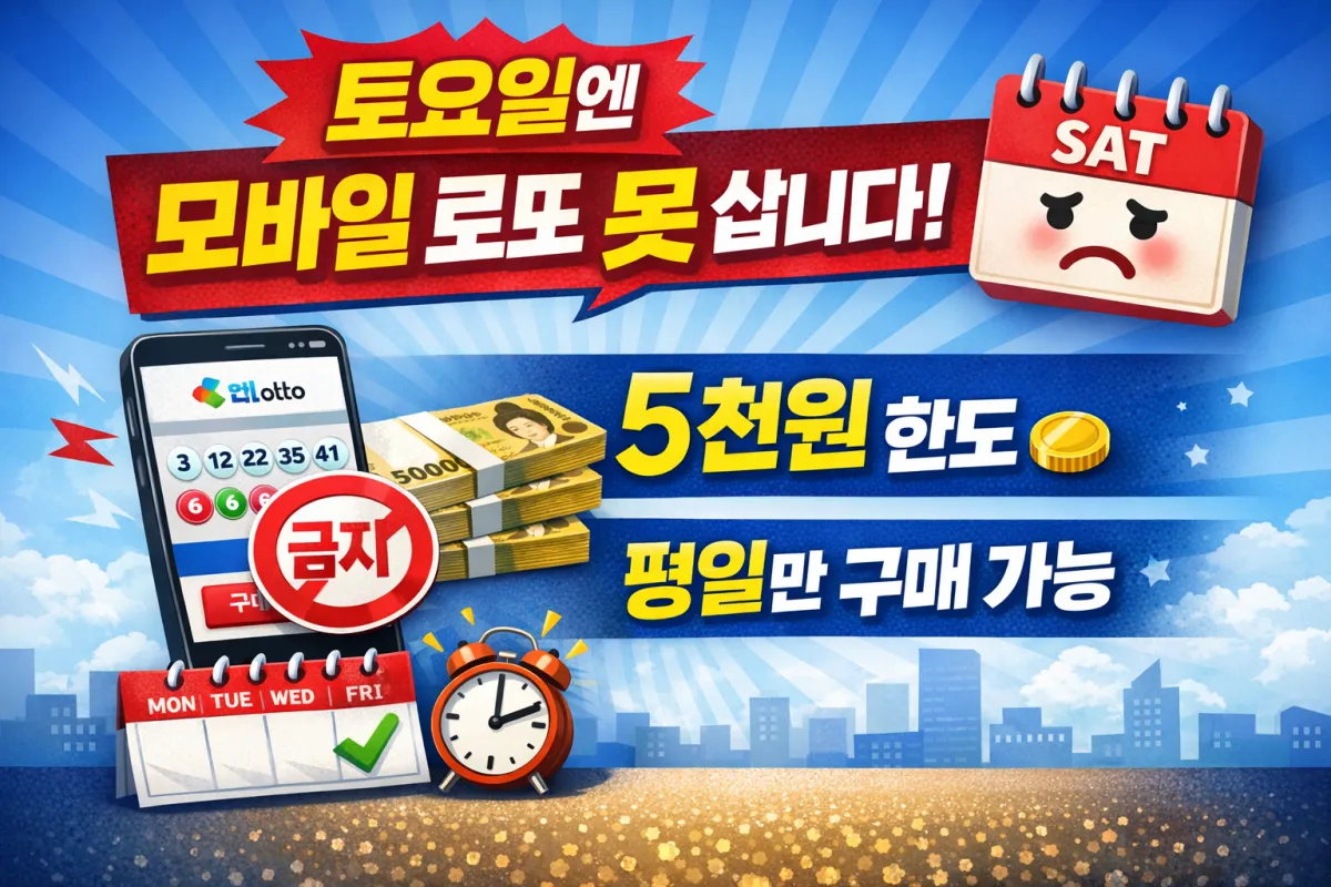 모바일 로또 구입 방법! 토요일엔 모바일 로또 못 삽니다 문구와 5천원 한도 및 평일만 구매 가능 안내가 포함된 모바일 로또 시범운영 썸네일 이미지