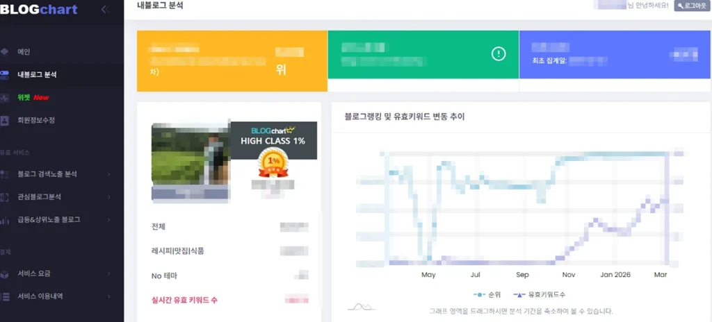 블로그차트에서 네이버 블로그 순위와 유효 키워드 변동을 확인하는 화면