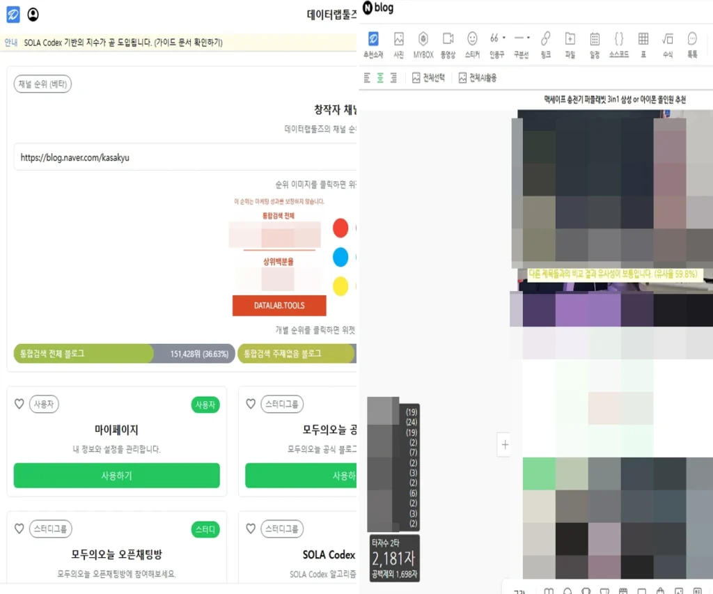데이터랩툴즈에서 네이버 블로그 채널 순위와 유사문서 분석 기능을 확인하는 화면