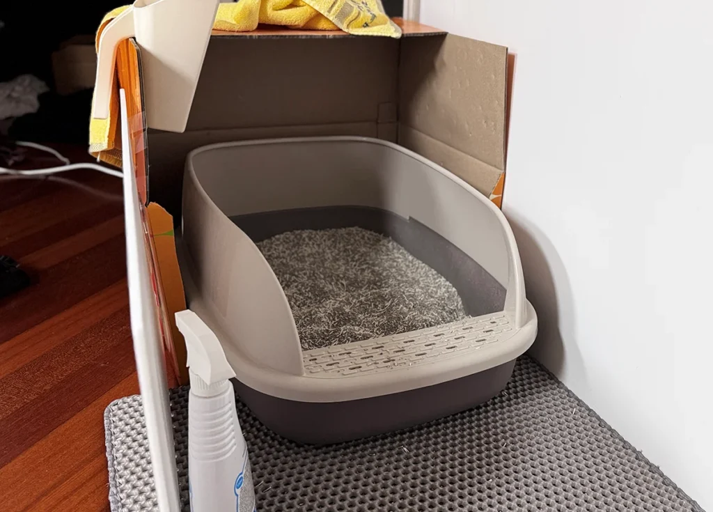 고양이 키우기 전 필수 비용 얼마? 초보 집사 준비 체크리스트 정리 4 고양이 화장실 실사용 모습 모래 튐 방지 구조