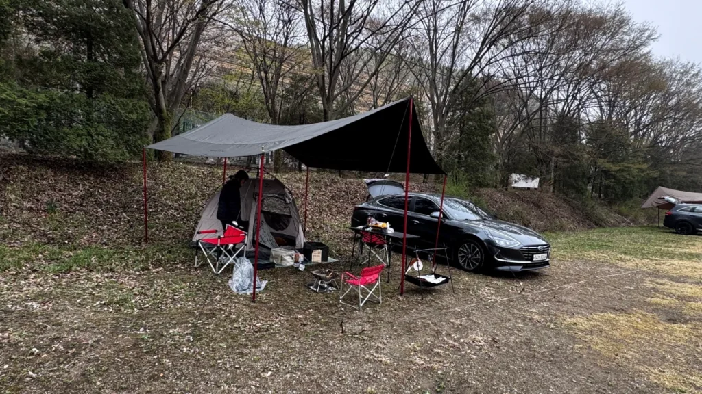 청려수려원 캠핑장 노지 3구역 차량 옆 텐트 차크닉 당일 캠핑 모습