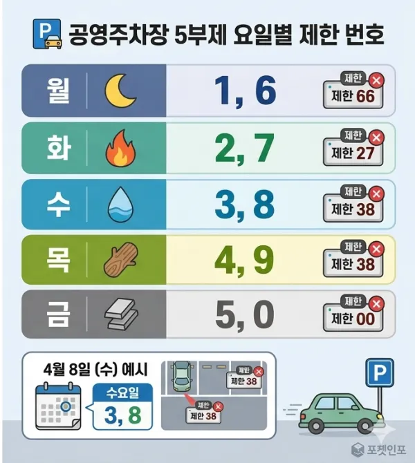 차량 5부제 요일별 번호 제한과 공영주차장 이용 기준 안내 이미지