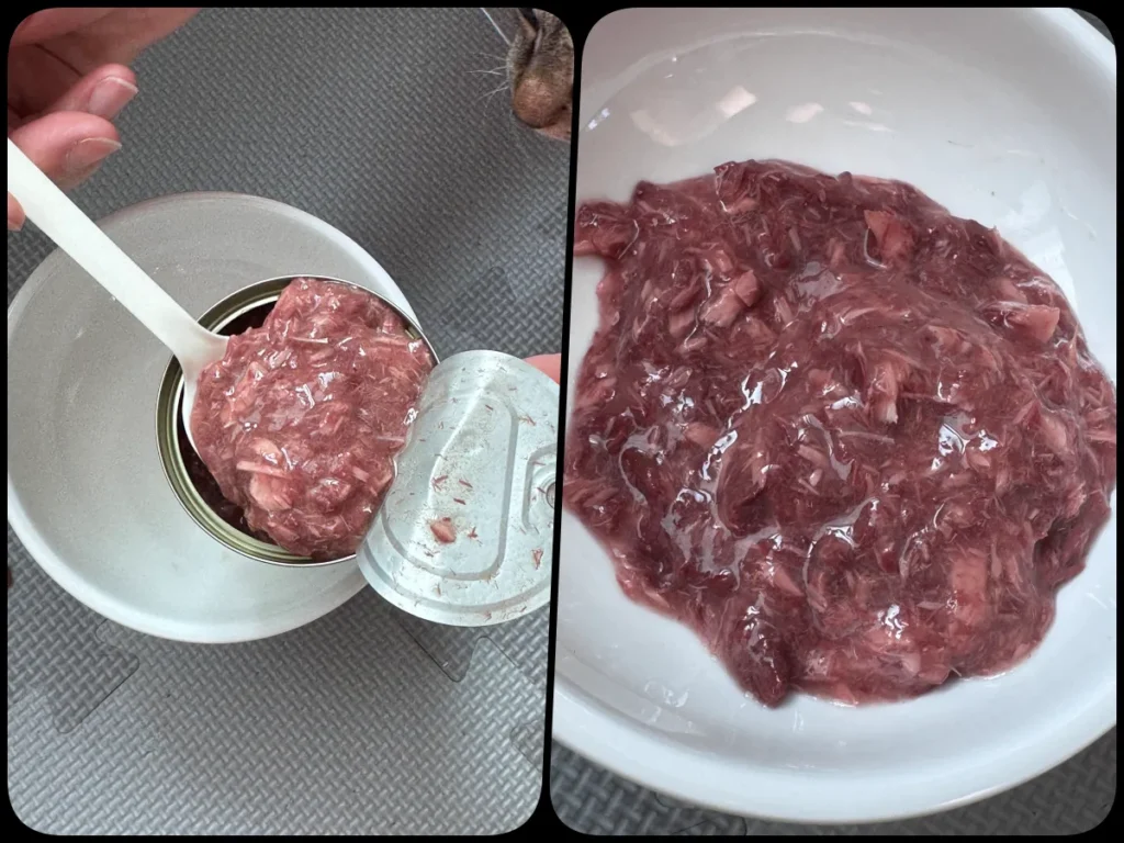 베로베로 고양이 캔 후기, 수분 섭취와 기호성 좋은 3가지 맛 급여기 4 베로베로 고양이 캔의 수분 많은 제형과 국물감이 보이는 내용물 모습