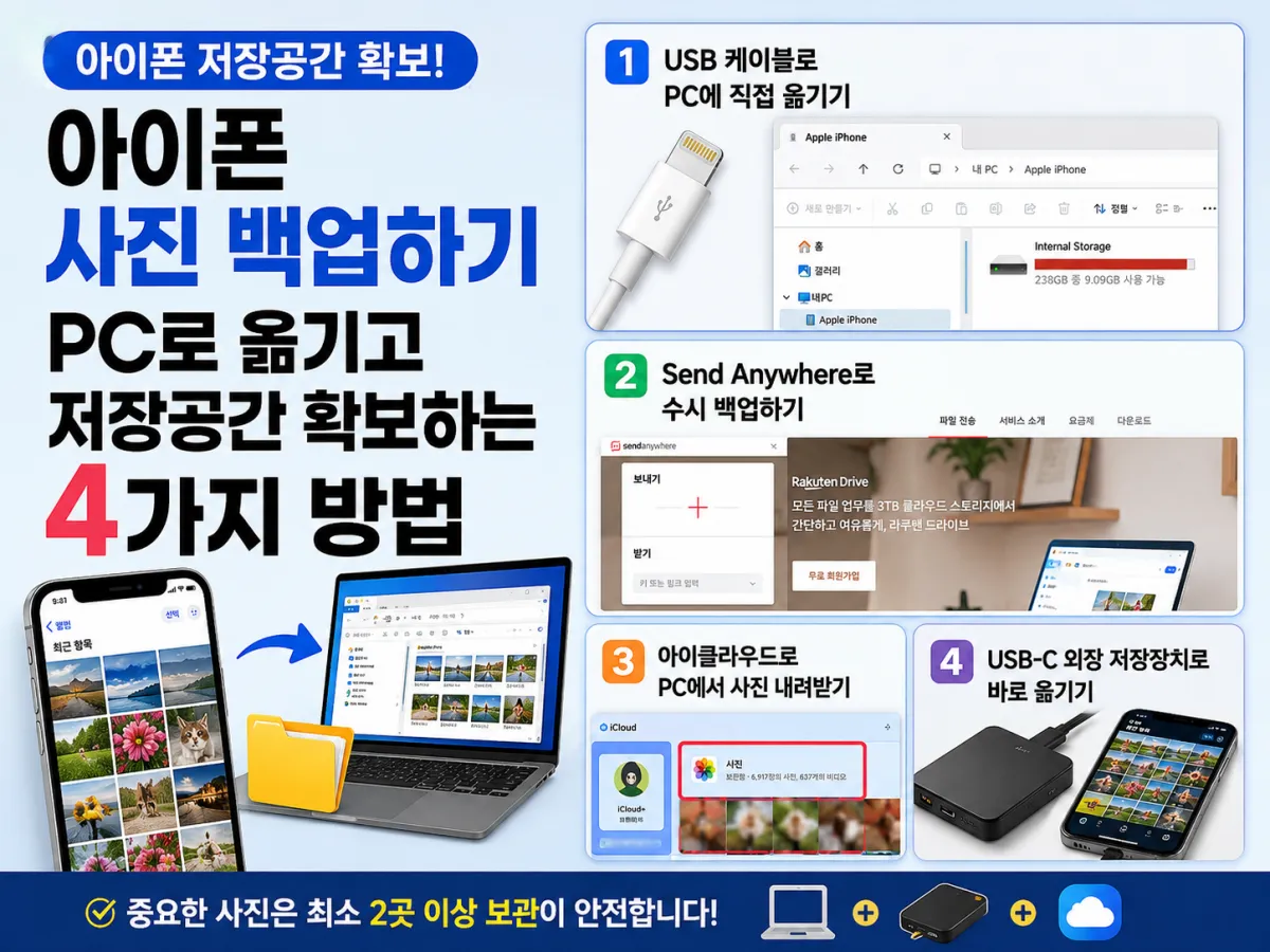 아이폰 사진 백업하기 4가지 방법과 PC 저장공간 확보 방법을 정리한 썸네일 이미지