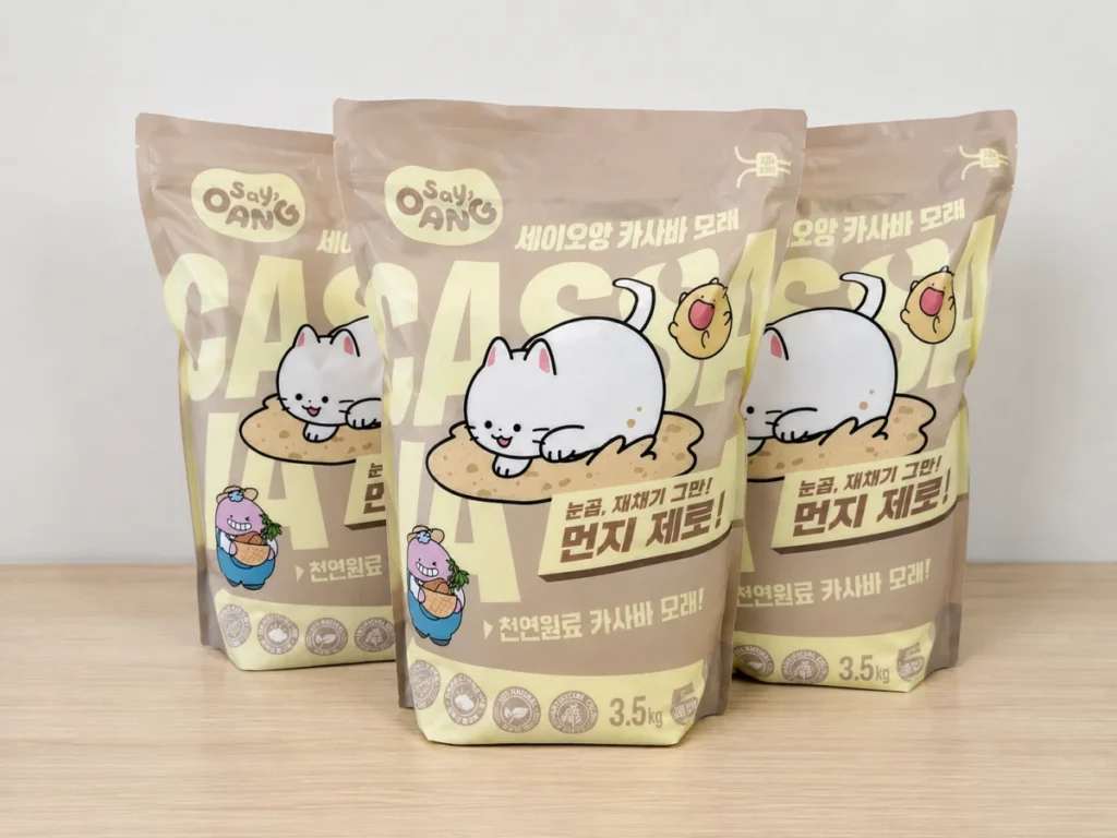 고양이 카사바 모래 장단점, 벤토나이트와 차이 비교 2 세이오앙 고양이 카사바 모래 3.5kg 3개 제품 구성
